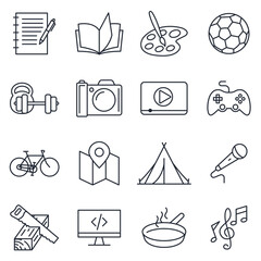 Set of hobby icon. Hobbies for children or people at home and outdoors. Sports, reading, drawing, music and singing, photo and video symbol template for graphic and web design collection logo vector i