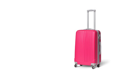 Modern pink suitcase for women on white background