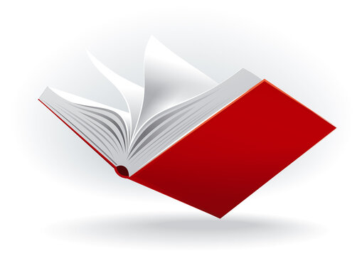 An open red book hovering above the surface