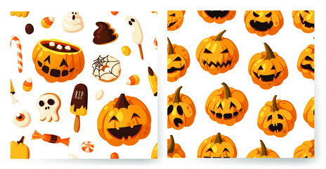 Hand drawn Halloween illustration Seamless Pattern. Creative Cartoon Style art work. Actual vector drawing food and drink for Party. Artistic isolated Season objects