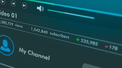 close-up view of a computer monitor, video channel template with lot of views and subscribers, dark theme (3d render)