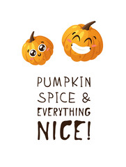 Cartoon Character Emoji  Pumpkin and Text. Hand drawn stylish vegetable. Vector  drawing fresh organic food Emoticon and Quote. Summer Vegan Illustration Spice Season