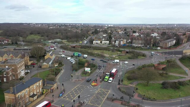 stablishing Aerial Shot Of Uk city Roundabout London.