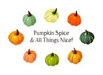 Cartoon Pumpkin Spice Season Image with Text. Hand drawn stylish vegetable. Vector drawing fresh organic food and Quote. Summer illustration vegan ingrediens for smoothies or Pie