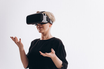 Close up woman portrait in vr glasses on isolated white background. Technology, virtual reality concept