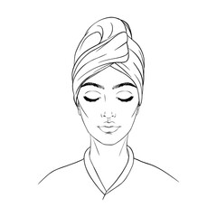 Illustration of a beautiful girl after a shower in a towel on her head. Stylish fashion illustration.