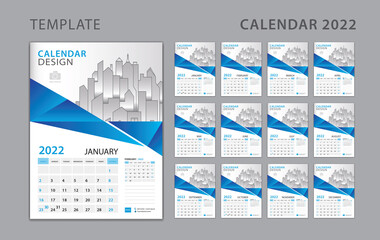 Calendar 2022 template, Set Desk Calendar design with Place for Photo and Company Logo. Wall calendar 2022. Week Starts on Sunday. Set of 12 Months. Blue polygon background