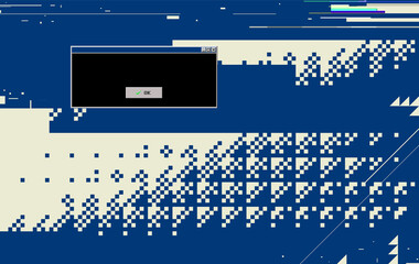 Computer desktop windows glitch and error, digital dither illustration background with blank vintage OS box frame, mono color design