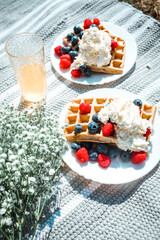 summer picnic with lemonade in glasses, flowers, belgian waffles with raspberry and blueberry and cream