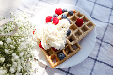 summer picnic with lemonade in glasses, flowers, belgian waffles with raspberry and blueberry and cream