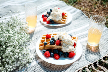 summer picnic with lemonade in glasses, flowers, belgian waffles with raspberry and blueberry and cream