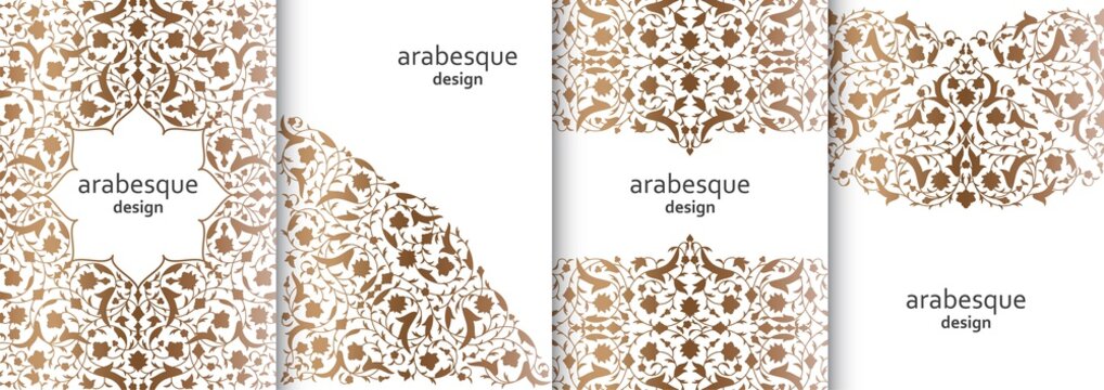 Set of vertical arabesque floral banners. Branches with flowers, leaves and petals