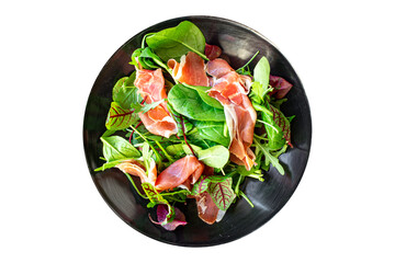 salad jamon prosciutto green leaves mix lettuce olives vegetables meat snack healthy meal top view copy space food background rustic image