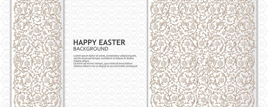 Happy Easter background with arabesque floral pattern. Good design template for banner, greeting card, flyer