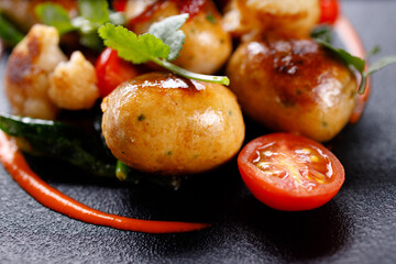 Grilled vegetables mix garnish, tasty vegan food
