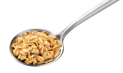 Granola, crunchy muesli in spoon isolated on white background