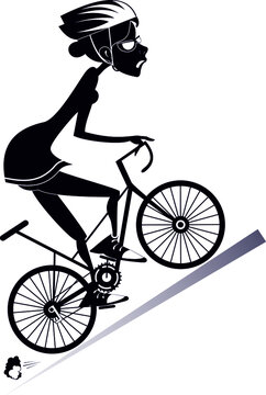 Tired cyclist woman rides a bike isolated illustration. Tired cartoon cyclist woman in helmet and sunglasses overcomes a steep ascent black on white illustration