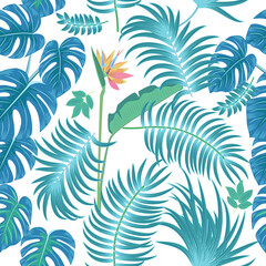 Fototapeta na wymiar Vector tropical seamless pattern with leaves of palm tree and flowers