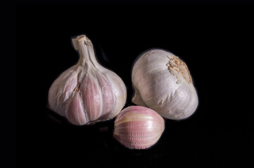 set of garlics isolated on black background