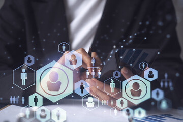Businesswoman in formal wear checking the phone to sign the employment agreement to boost her career and gain new opportunities in personal growth. Concept of success. Social media hologram icons