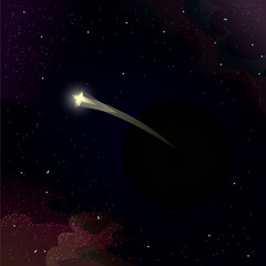 Obraz na płótnie Canvas the spase background shows a black hole devouring the nearest star crossing the event horizon