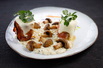 Delicious mushroom risotto and grilled turkey meat