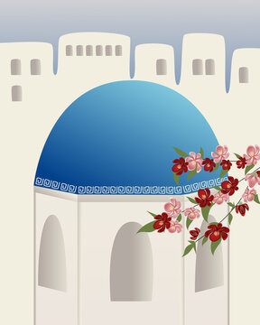  Abstract places, villages, small streets, old towns in Santorini, Greece in blue colors. Blue Dome Churches of Oia. Travel Vector illustrations and design