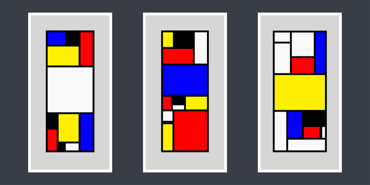 Set Of Three Mondrian Stlye Abstract Backgrounds, Colorful. Perfect For Poster, Wall Decor. Vector Illustrations	