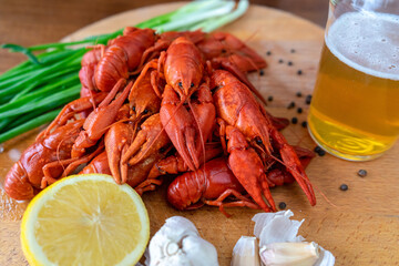 Boiled red crayfish are laid out beautifully on the table, served with herbs, a snack for beer.
