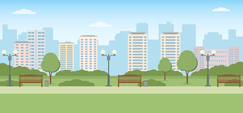 Empty city park with trees, benches and lawn. Summer landscape. Panoramic view.  Vector illustration.
