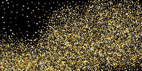 Golden point confetti on a black background.  Illustration of a drop of shiny particles. Decorative element. Element of design. Vector illustration, EPS 10.