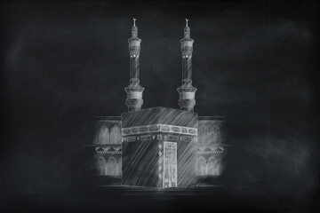 Mecca, Saudi Arabia, Holy Kabah_Hand Drawn Sketch on Black Background illustration