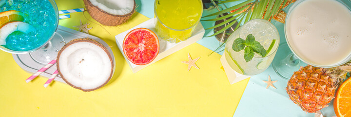 Summer holiday bar and snack concept, picnic background, Fresh watermelon slices with ice cream sticks, various alcohol cocktails and drinks, seashells and summertime accessories, flatlay top view