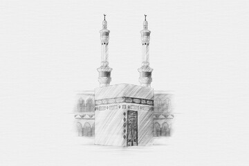 Mecca, Saudi Arabia, Holy Kabah_Hand Drawn Sketch on White Paper illustration