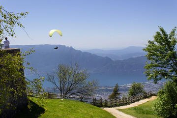 Beautiful summer mountains landscape with lac Bourget view from Mont revard alpes France  - obrazy, fototapety, plakaty