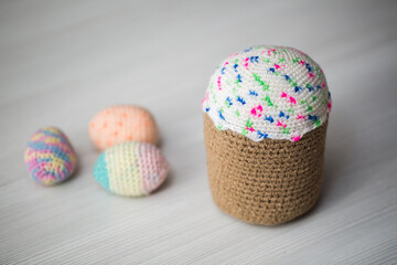 Knitted Easter eggs, chicken, rooster.