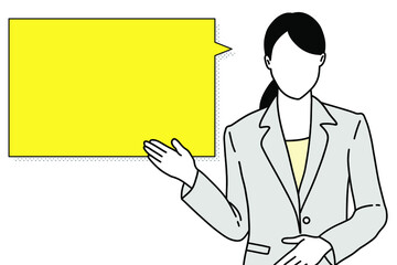 Business woman presenting with bubble speech at office hand draw style pictogram vector flatline design illustration.