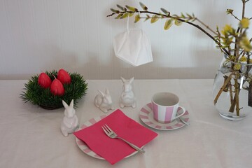 Easter holiday coffee table scene with face mask
