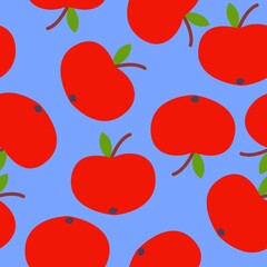 Seamless pattern. Red apple. Green leaf. Blue background. Vegan or vegetarian. Healthy lifestyle. Nature and ecology. Agriculture and gardening. Post cards, wallpaper, textile, wrapping paper, print