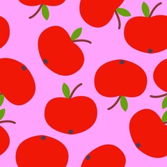 Seamless pattern. Red apple. Green leaf. Pink background. Vegan or vegetarian. Healthy lifestyle. Nature and ecology. Agriculture and gardening. Post cards, wallpaper, textile, wrapping paper, print