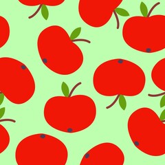 Seamless pattern. Red apple. Green leaf. Green background. Vegan or vegetarian. Healthy lifestyle. Nature and ecology. Agriculture and gardening. Post cards, wallpaper, textile, wrapping paper, print
