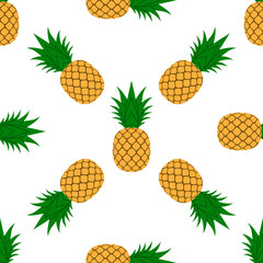 Pineapple, leaf seamless pattern. Tropical fruits textile texture isolated white background. Food print, fabric wrapping decorative backdrop. Nature concept. Repeat design element. Vector illustration
