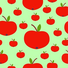 Seamless pattern. Red apple. Green leaf. Green background. Vegan or vegetarian. Healthy lifestyle. Nature and ecology. Agriculture and gardening. Post cards, wallpaper, textile, wrapping paper, print