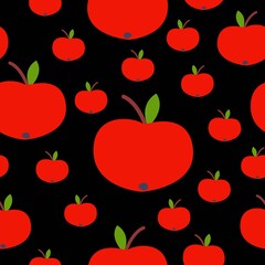 Seamless pattern. Red apple. Green leaf. Black background. Vegan or vegetarian. Healthy lifestyle. Nature and ecology. Agriculture and gardening. Post cards, wallpaper, textile, wrapping paper, print