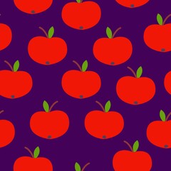 Seamless pattern. Red apple. Green leaf. Violet background. Vegan or vegetarian. Healthy lifestyle. Nature and ecology. Agriculture and gardening. Post cards, wallpaper, textile, wrapping paper, print