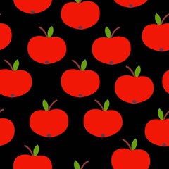 Seamless pattern. Red apple. Green leaf. Black background. Vegan or vegetarian. Healthy lifestyle. Nature and ecology. Agriculture and gardening. Post cards, wallpaper, textile, wrapping paper, print