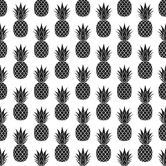Pineapple seamless pattern. Black tropical fruits textile texture on white background. Food print, fabric wrapping decorative backdrop. Typography graphic. Repeat design element. Vector illustration