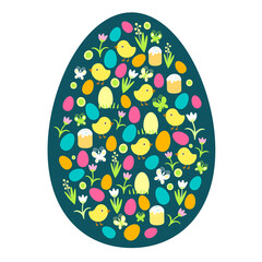 Colorful floral pattern with Easter elements on egg silhouette. Vector flat illustration isolated on white background . Can be used for Happy Easter card, celebration decor.