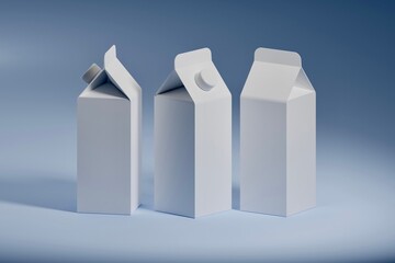 Milk or juice boxes with lid. Retail package mockup. 3d render illustration isolated on blue...