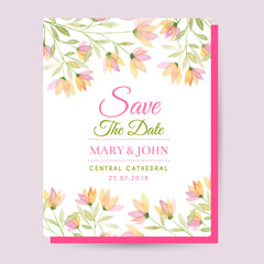 Watercolor floral wedding card. Wedding invitation cards with watercolor blooming flowers, save the date card.